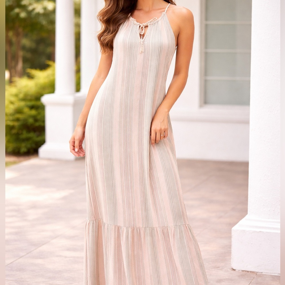 Nine West linen tiered halter Pink and Cream Striped Maxi Dress XXL